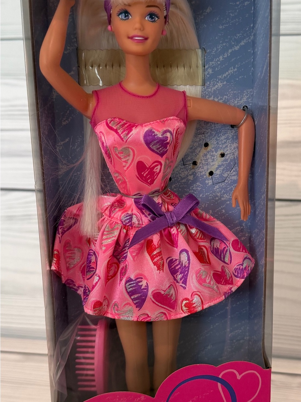 1997 Valentine Barbie with Pink Heart Print Dress with Purple Bow, new, unopened